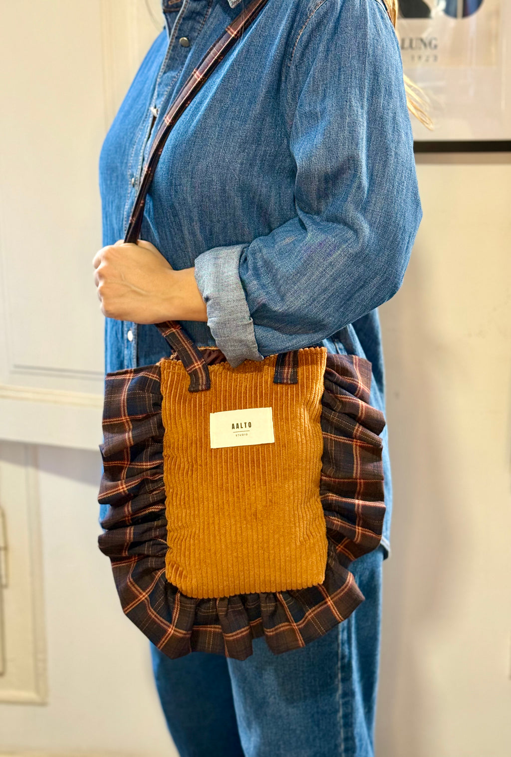 Manuela bag - corduroy and blue tartan ruffle