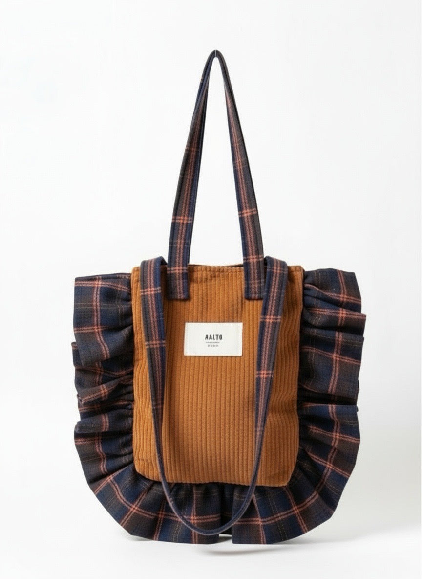 Manuela bag - corduroy and blue tartan ruffle