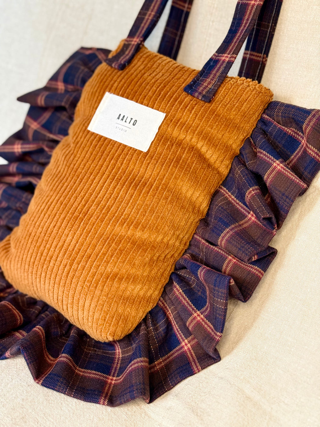 Manuela bag - corduroy and blue tartan ruffle