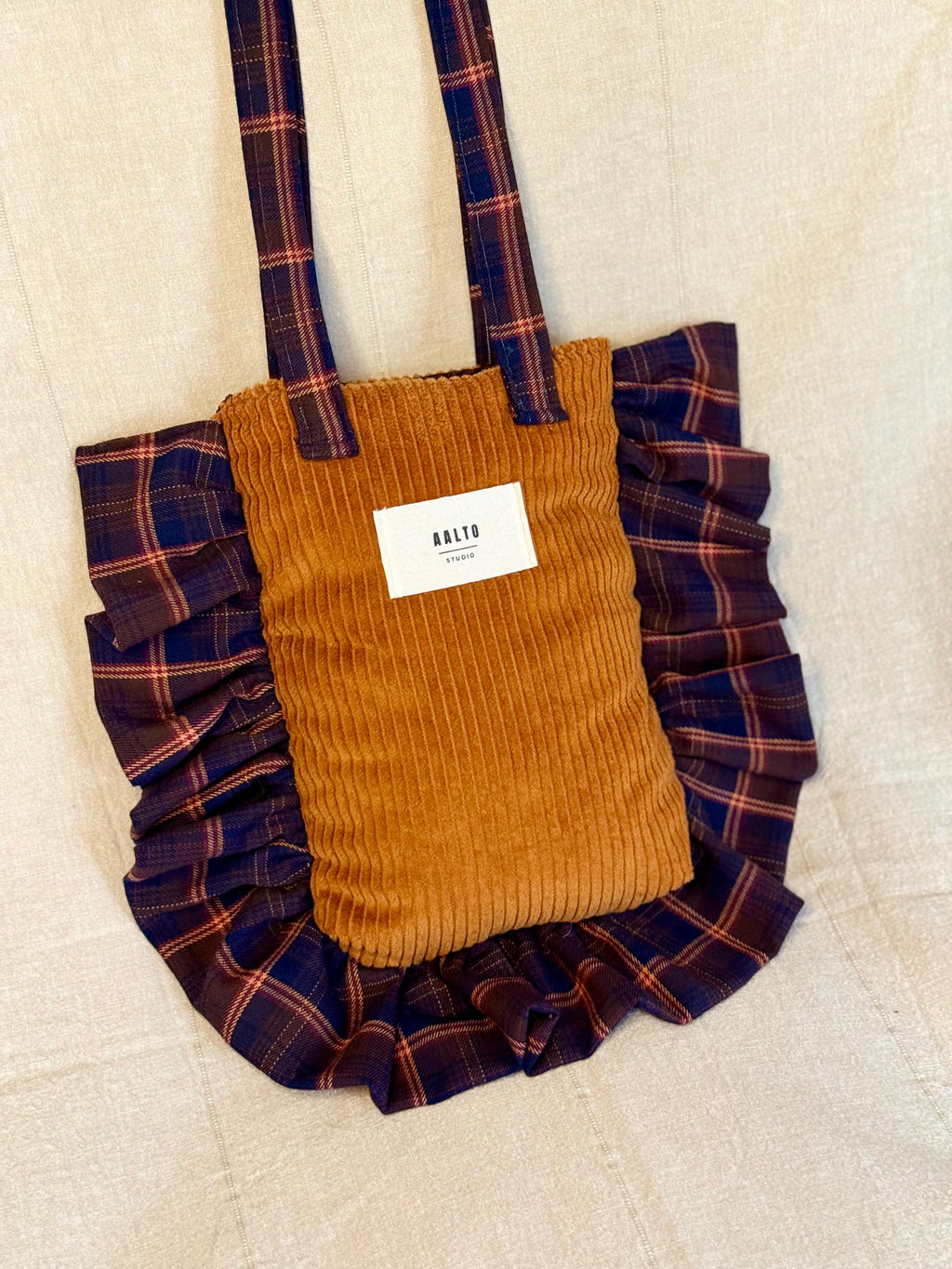 Manuela bag - corduroy and blue tartan ruffle